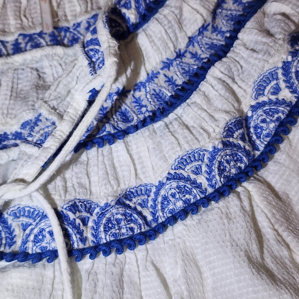 Free People Erin Embroidered Smocked Mini Dress Size Large White and Blue - Picture 5 of 16